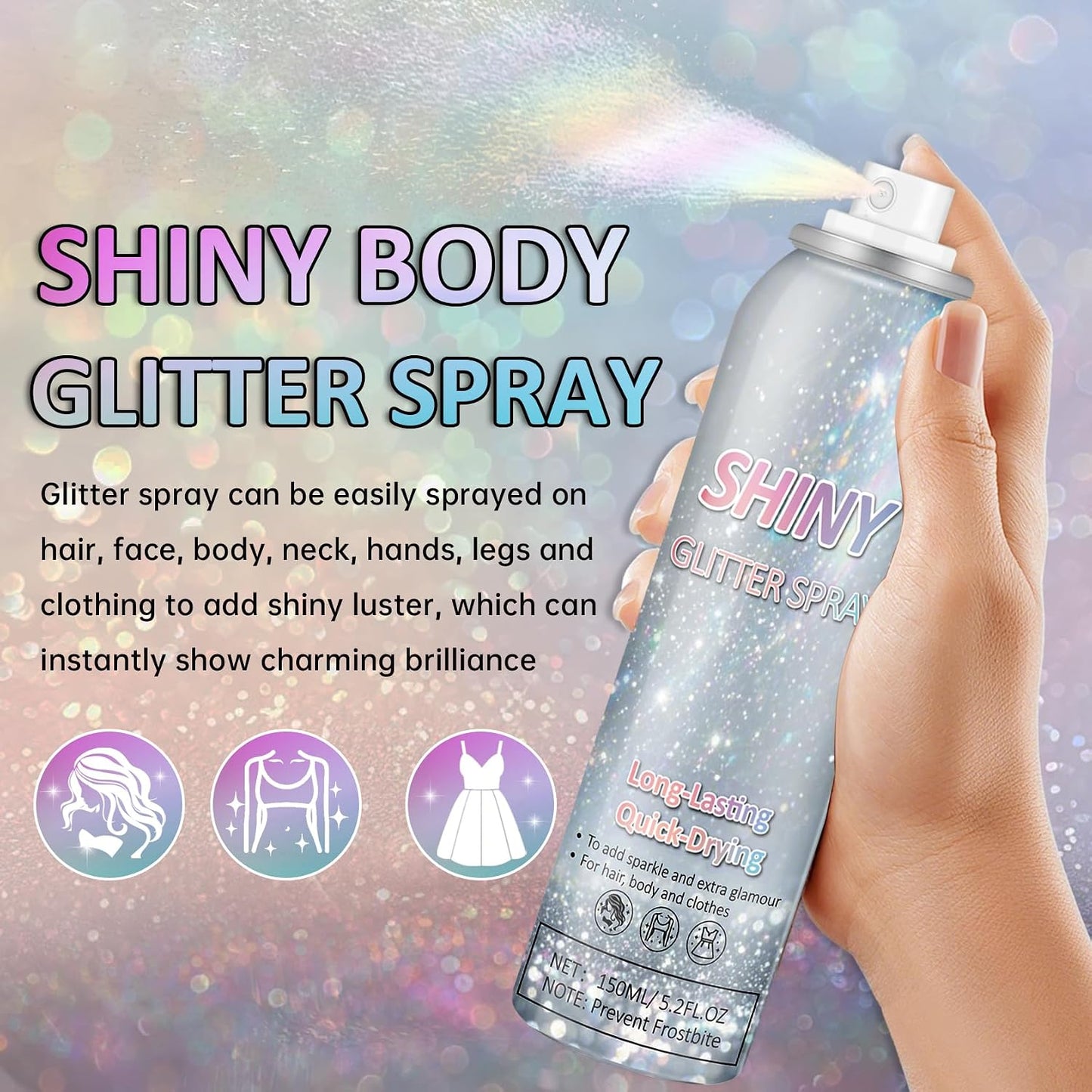 Body Glitter Spray Holographic Glitter Spray for Hair Body, Long-Lasting Shiny for Festival Prom Party-5.2 Fl Oz, Rainbow Sliver