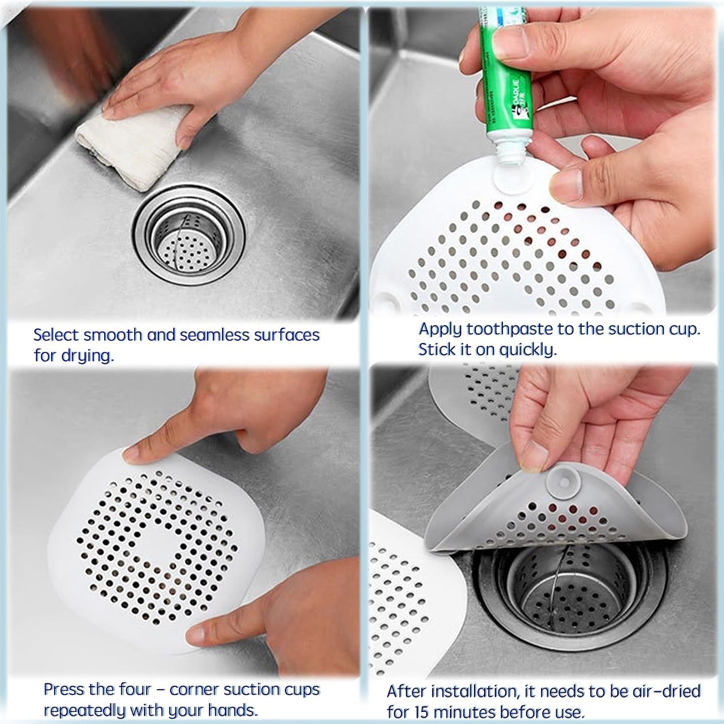 Silicone Drain Protector with Sucker - 4 Pcs | Drain Cover Hair/Food Catcher with Sucker for Bathroom, Kitchen, Shower, Sink Strainer Drain Protector hair catcher (White + Grey)