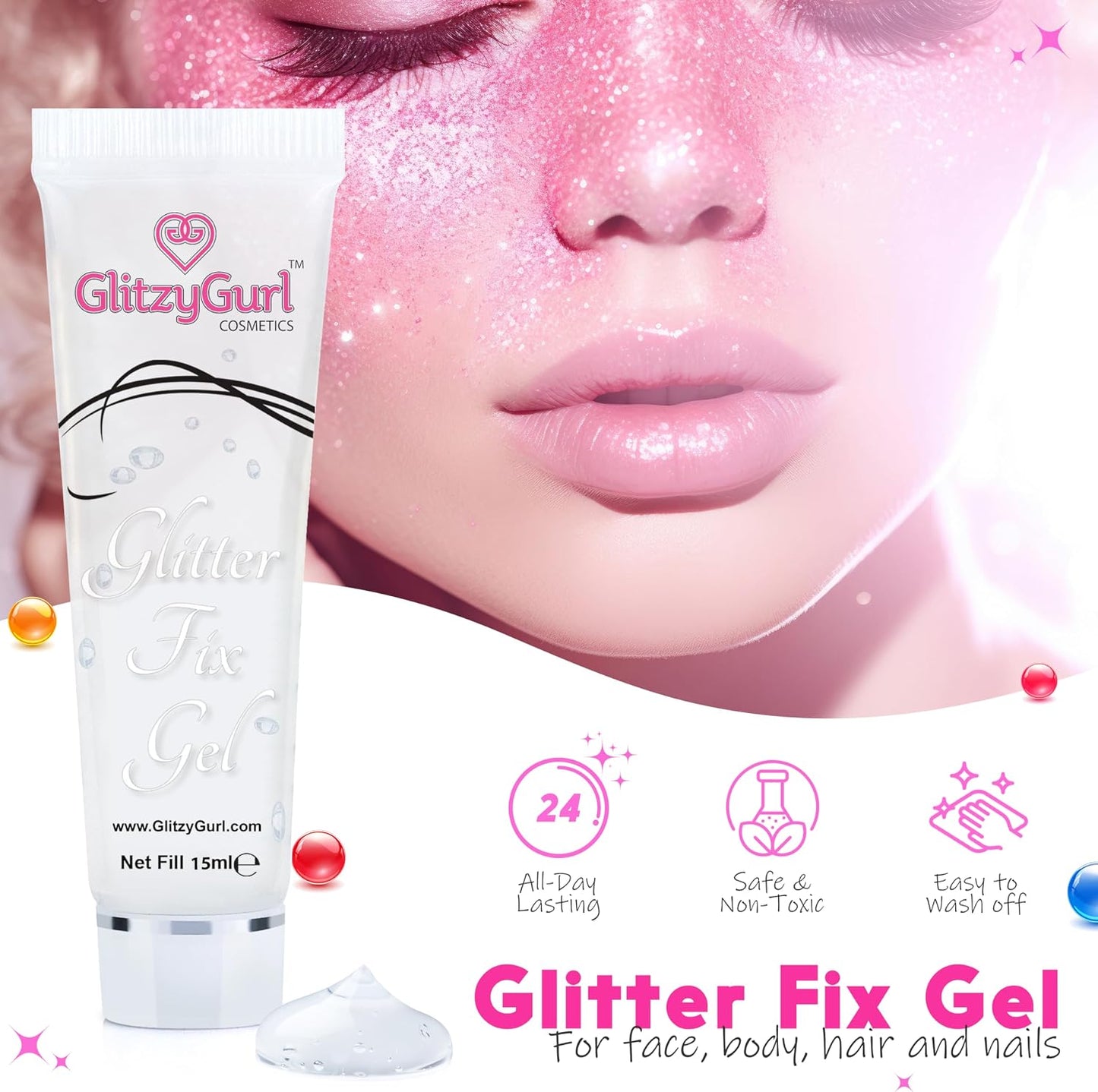 GlitzyGurl Glitter Fix Gel Face Body Adhesive Primer for Glitter, Eye dust, Pigment Eye Shadow Pack of 5