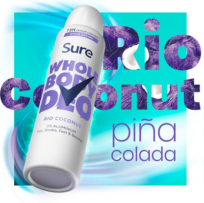 Sure Rio Coconut Whole Body Deodorant women's deodorant spray with a fresh &amp; tropical fragrance for 72-hour odour control 150 ml