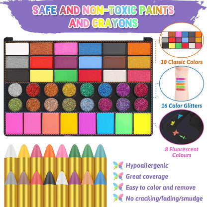 Face Painting Kit for Kids with Stencils, 42 Colors Non Toxic Face Paint with 16 Face Paint Crayons, 6 Reusable Face Painting Stencils, 40 Sticky Stencils for Kids Party and Halloween