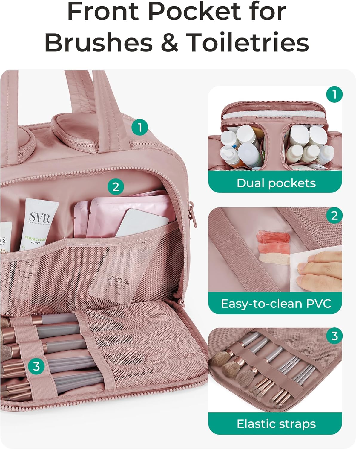 BAGSMART Large Toiletry Bag Travel Makeup Bag, 2 Full Open Upright Compartments, Cosmetic Wash Bag with Wet &amp; Brushes Pocket, Essentials Accessories for Women, Dark Pink