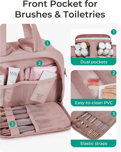 BAGSMART Large Toiletry Bag Travel Makeup Bag, 2 Full Open Upright Compartments, Cosmetic Wash Bag with Wet &amp; Brushes Pocket, Essentials Accessories for Women, Dark Pink