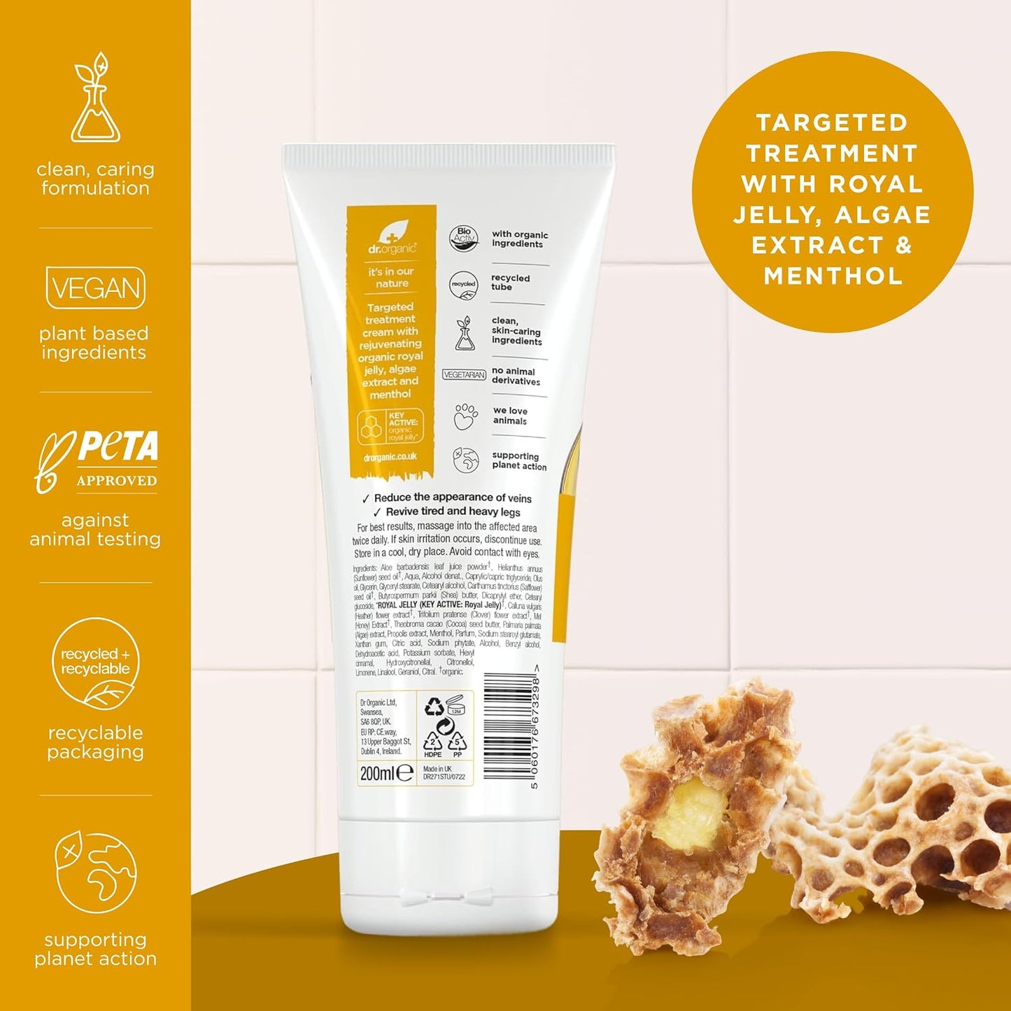 Dr Organic Skin Expert Leg &amp; Vein Cream with Organic Royal Jelly, Moisturising, Heavy Legs, Natural, Vegetarian, Cruelty-Free, Paraben &amp; SLS-Free, Recycled &amp; Recyclable, 200ml, Packaging may vary