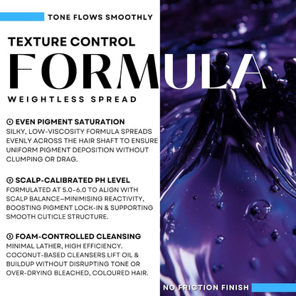Blue Purple Shampoo for Blonde Grey Silver Highlighted Hair Pro Active Colour Defence + Protect Revive + Refresh Brilliant Brassy Tone Correcting Pigment Deposit Vegan Guar Mineral Complex 250ml