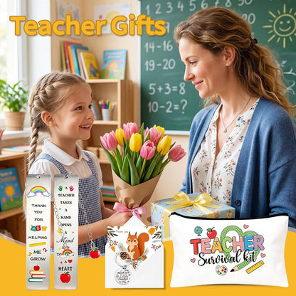 6 Set Thank You Teacher Gifts for Women Men - Teacher Gifts Make up Bags Bookmarks Keychain Black Pens,Thank You Cards Teacher Appreciation Gifts for Nursery Teaching Assistant