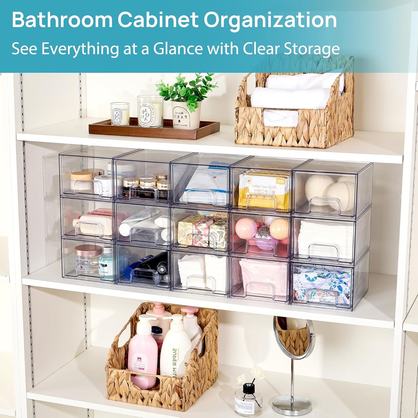 Vtopmart 4 Pack Clear Makeup Organiser, Acrylic Small Stackable Storage Drawers, Plastic Storage Box For Vanity, Bathroom, Under Sink, Kitchen Cupboard, Pantry, Home Organization