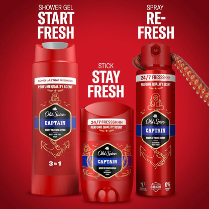 Old Spice Travel Bag Gift Set for Men with Captain Deodorant Stick and Shower Gel, 24/7 Fressshhh with Daily Use, Long Lasting Perfume Quality Scent