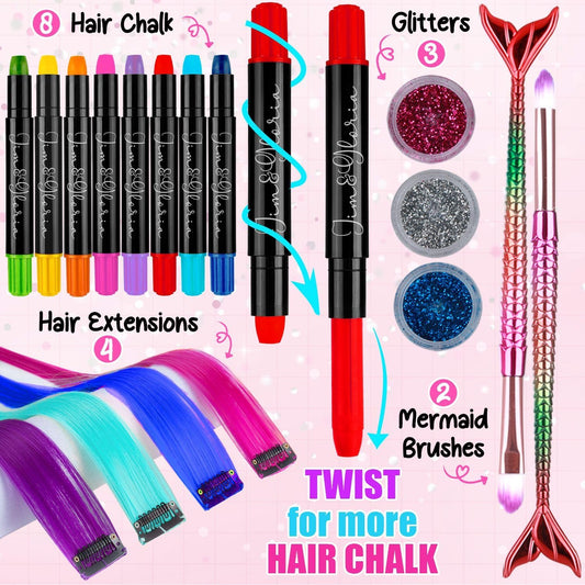 Jim&amp;Gloria Dustless Hair Chalk for Girls Washable with Clip in Hair Extensions, Brushes and Glitters, Temporary Color Dye, Gifts for Teen Girl Trendy Stuff, Teenage 7 8 9 10 11 12 13 14 Year Old