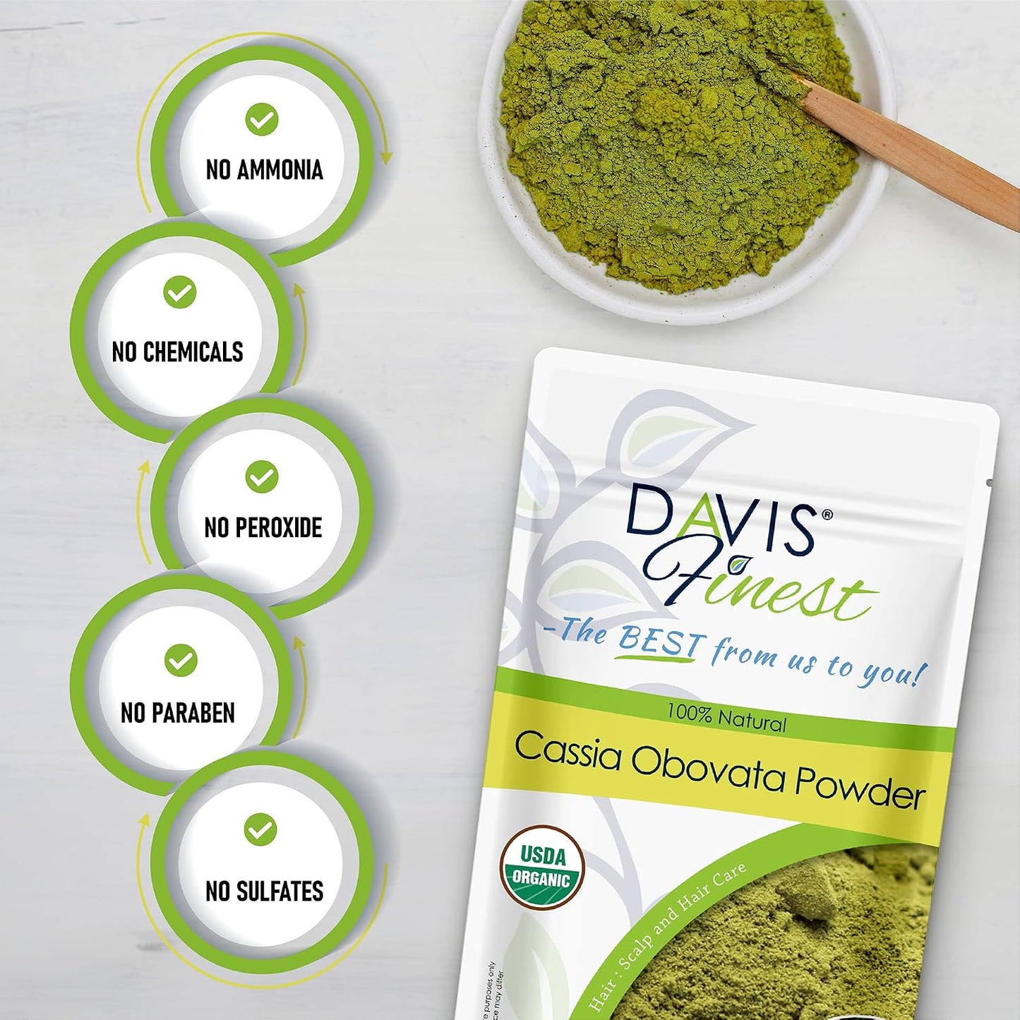 Davis Finest Organic Cassia Obovata Powder 100g, Neutral Henna Natural Hair Strengthening, Hair Mask, Blonde Hair Dye, Shine Conditioner