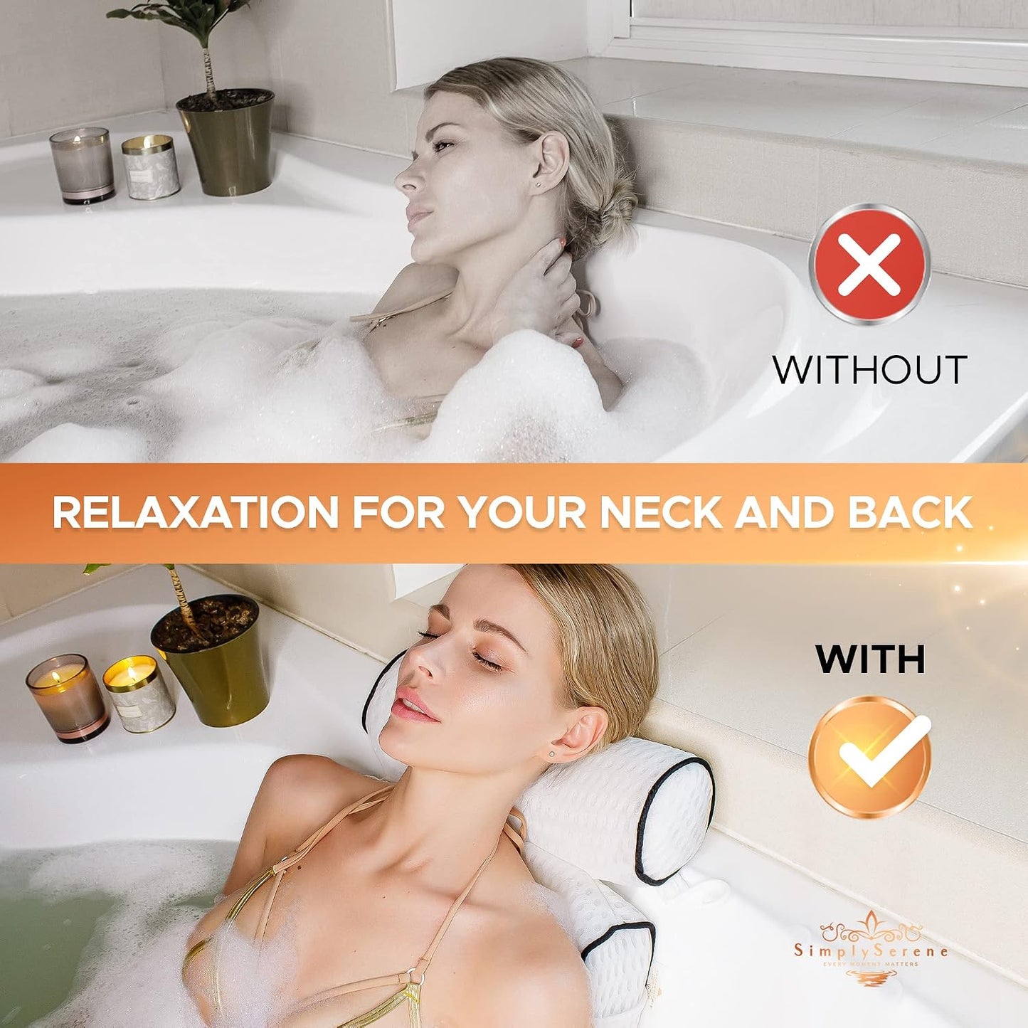 Simply Serene Bath Tub Pillows for Head &amp; Neck - Spa-Quality Cushion for Relaxation - Bathroom Accessory &amp; Gifts