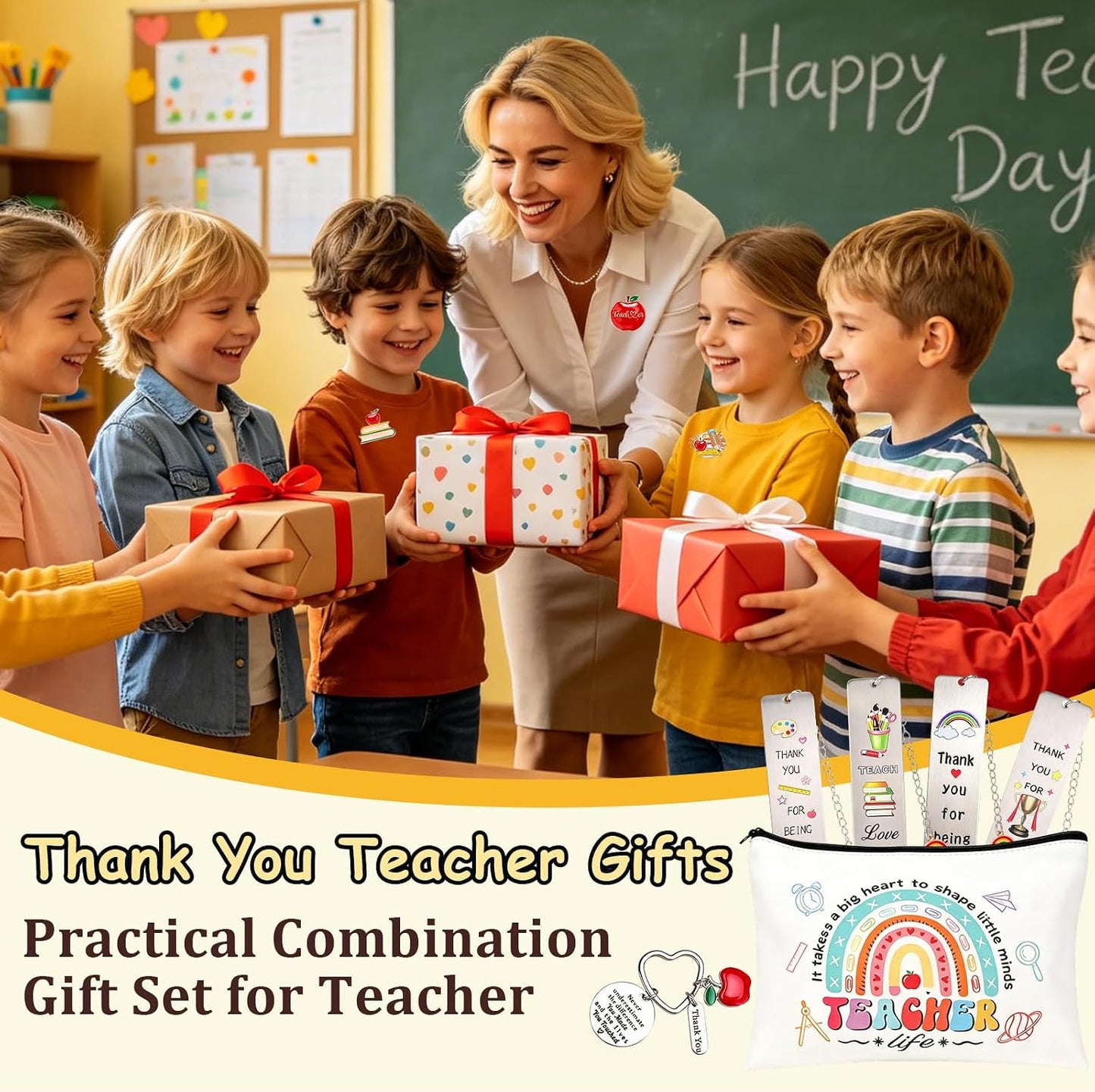 4 Set Thank You Teacher Gifts for Women Teacher Gifts with Makeup Bags Bookmarks Keychain Pens Brooch Thank You Cards, End of Year Gifts for Teacher,Teaching Assistant,Nursery Teacher.