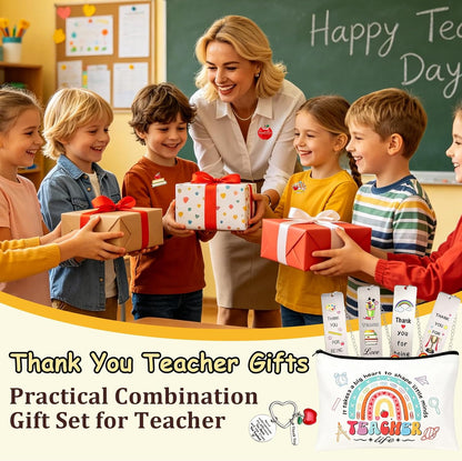 4 Set Thank You Teacher Gifts for Women Teacher Gifts with Makeup Bags Bookmarks Keychain Pens Brooch Thank You Cards, End of Year Gifts for Teacher,Teaching Assistant,Nursery Teacher.