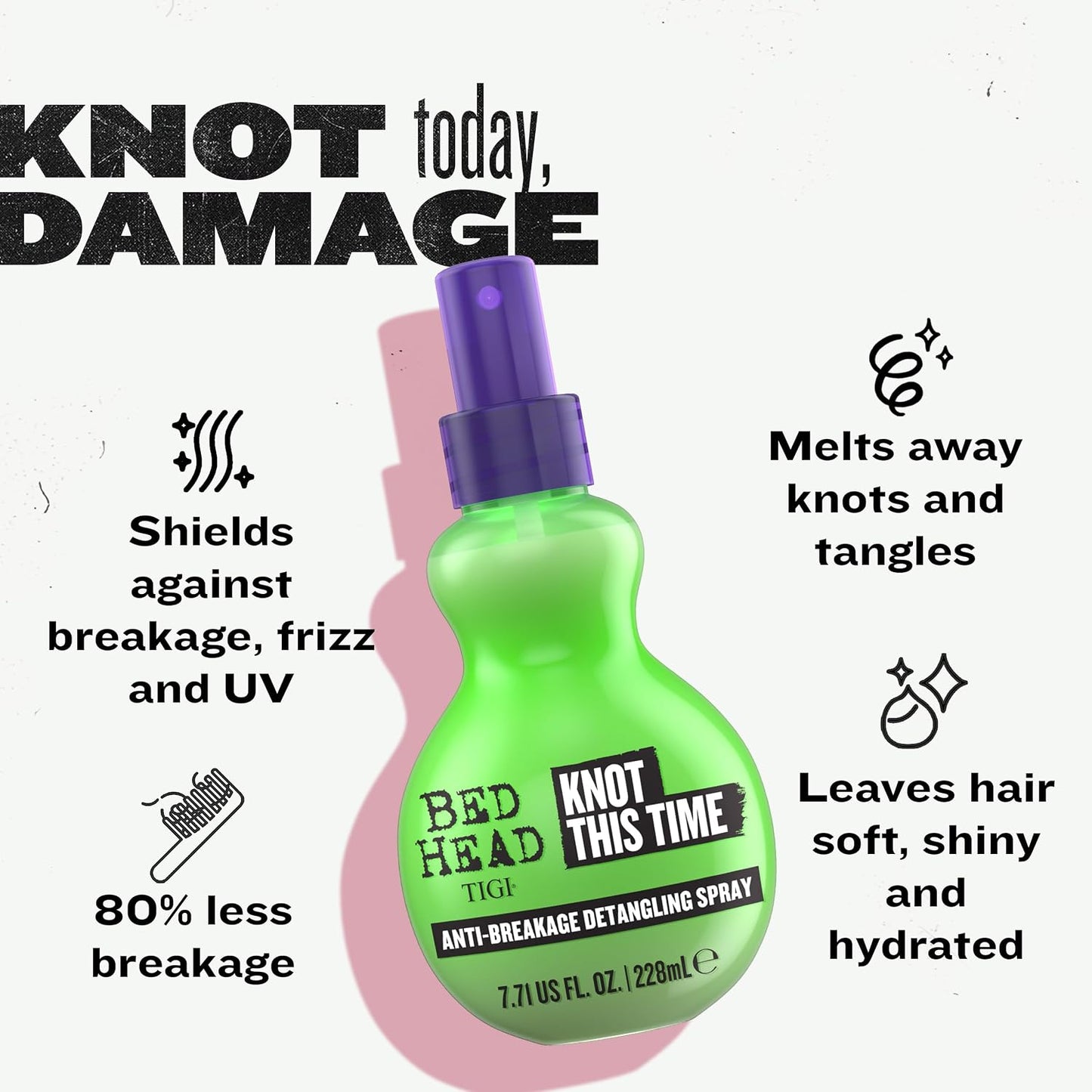Bed Head by TIGI Knot This Time, Anti-Breakage Hair Detangler Spray, Lightweight Detangling Spray for Wet or Dry Hair, Reduces Breakage, Non-Greasy Finish