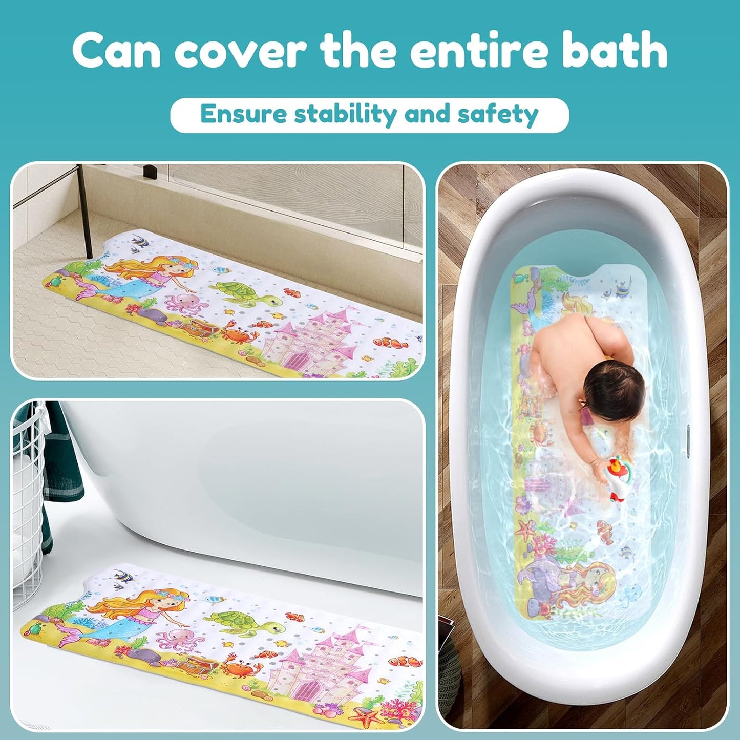 Kids Bath Mat Non Slip Shower Mat, 100x40cm Extra Long Cartoon Baby Bathtub Mats Anti Mould Shower Tub Mats with Suction Cups Machine Washable Bathtub Pad for Baby Children Elderly(Style2)