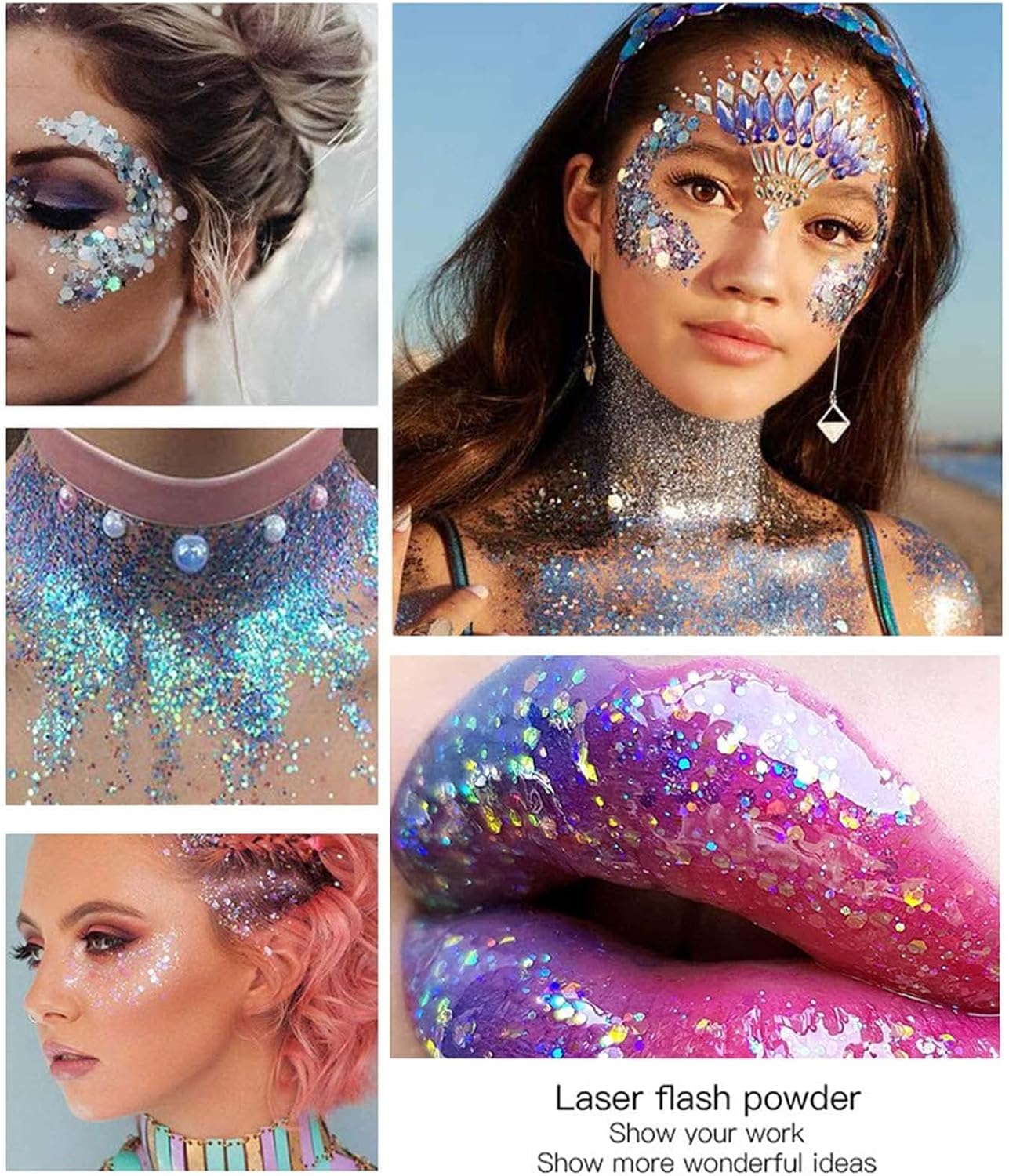 Prreal Body Glitter Gel 50ml, Face Glitters Body Gel Sequins Shimmer Liquid Eyeshadow, Chunky Glitter for Face Hair Nails, Holographic Cosmetic Laser Powder Festival Glitter Makeup#White