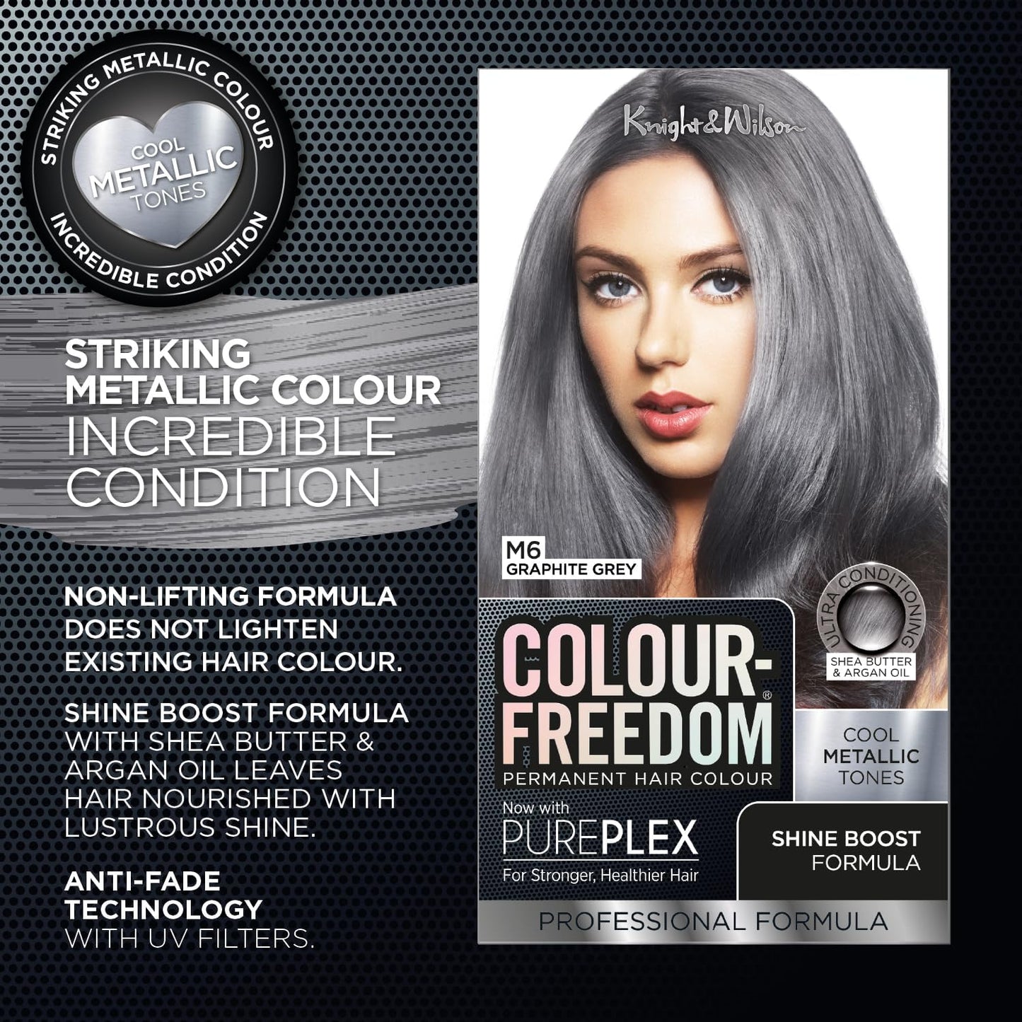 Colour Freedom Metallic Graphite Grey Permanent Hair Dye with PurePlex. Ultra Glossy Conditioning Hair Colour. 100% grey coverage. By Knight &amp; Wilson.