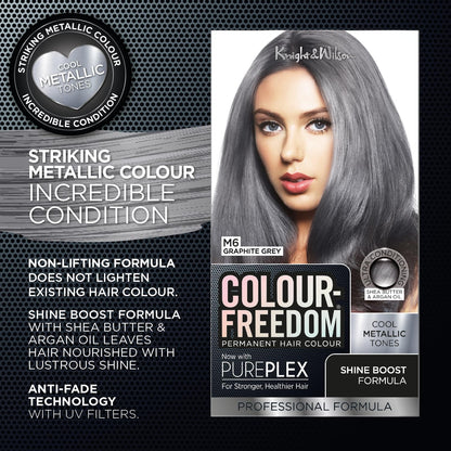 Colour Freedom Metallic Graphite Grey Permanent Hair Dye with PurePlex. Ultra Glossy Conditioning Hair Colour. 100% grey coverage. By Knight &amp; Wilson.
