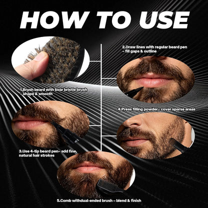 Beard Pencil Kit for Men, 5 in 1 Waterproof Beard Filler Pen Set with Brush, Long-Lasting Dual Tip Filling and Shaping Tools for Hairline, Mustache &amp; Eyebrow (DARK BROWN)