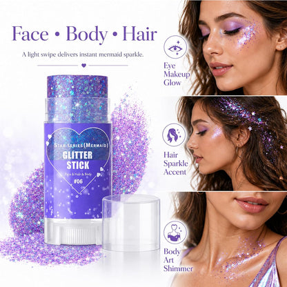 Mermaid Body Glitter Stick, Purple Sparkly Hair Face Glitter Gel Makeup for Women, Holographic Mermaid Glitters Face Paint Stick for Lip, Nail Festival Essentials Halloween Rave Outfit Accessories