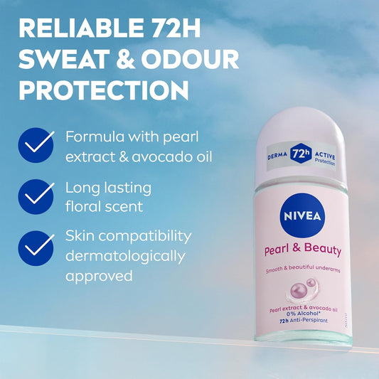 NIVEA Pearl &amp; Beauty Anti-Perspirant Deodorant Roll On (6 x 50ml), Roll On Deodorant for Women with 72H Sweat and Odour Protection, Women's Anti-Perspirant with Pearl Extracts (Pack of 6)