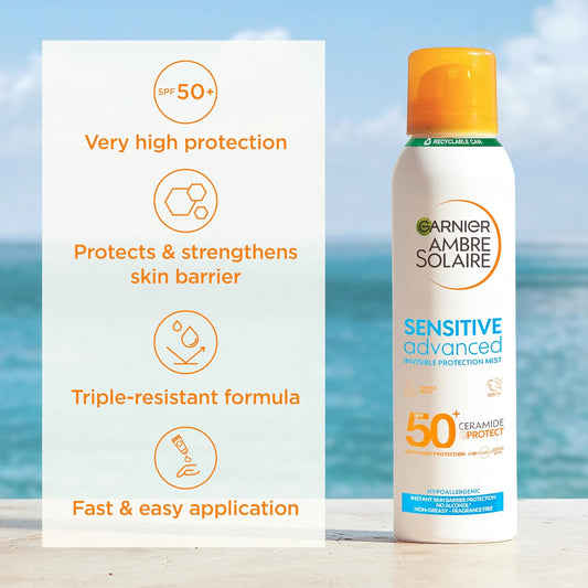 Garnier Ambre Solaire Sun Cream Spray SPF 50+ Sensitive Advanced Dry Mist, Water Resistant &amp; Non Greasy Sunscreen, Fragrance Free, UVA &amp; UVB Protection, 150ml