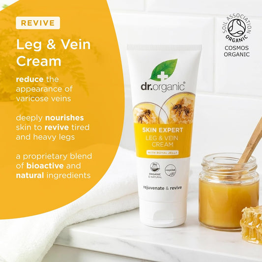 Dr Organic Skin Expert Leg &amp; Vein Cream with Organic Royal Jelly, Moisturising, Heavy Legs, Natural, Vegetarian, Cruelty-Free, Paraben &amp; SLS-Free, Recycled &amp; Recyclable, 200ml, Packaging may vary