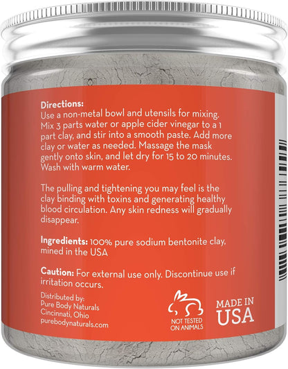 Pure Body Naturals Bentonite Indian Healing Clay - 16 Oz - 100% Pure Sodium Bentonite - Therapeutic Grade - Face Skin Care, Deep Skin Pore Cleansing, Detoxifying, Revitalization