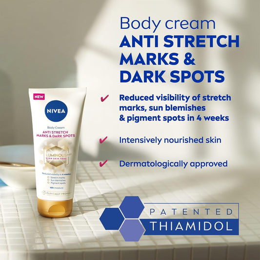 NIVEA Luminous 630 Anti Stretch Marks &amp; Dark Spots Body Cream (200ml), 48-Hour Moisturising Cream Reduces Stretch Marks, Sun Blemishes and Pigment Spots, With Thiamidol