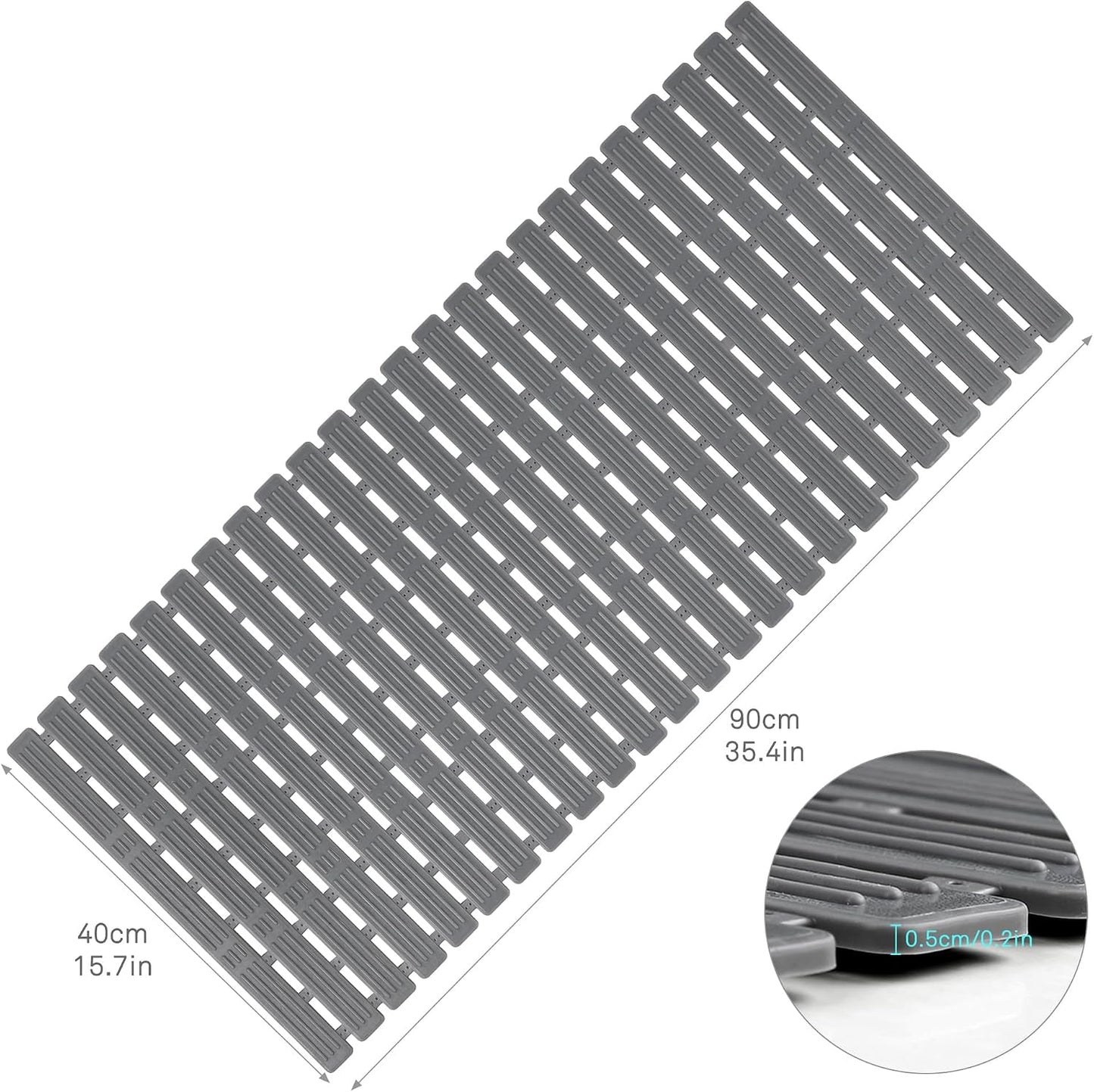 WELTRXE Bath Mat Non Slip Anti Mould, Anti Slip Shower Mats for Inside Shower, 90 x 40 cm Extra Long Bathtub Mat with Suction Cups for Bath Tub Bathroom Floor, Cut to Size, Textured Surface,Solid Grey