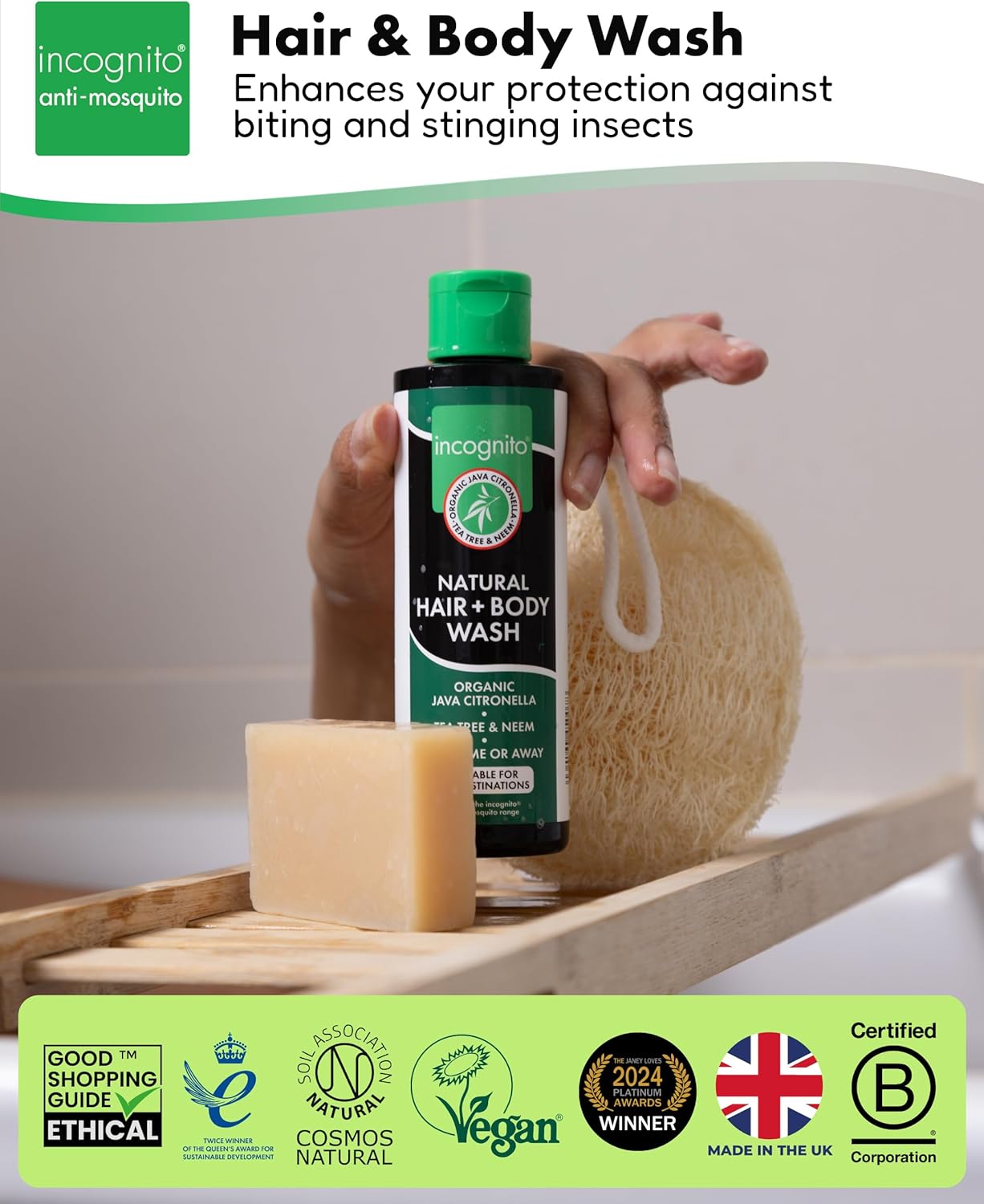 Incognito Java Citronella Hair &amp; Body Wash 200ml - Insect and Mosquito Repellent - Nourishes and Promotes Healthy Strong Hair and Skin - Reduces Dandruff &amp; Head Lice - Suitable For Both Men and Women