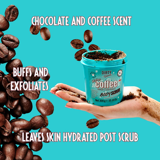 Dirty Works But First Coffee Body Scrub 300g – Exfoliating Caffeine-Infused Scrub with Argan Oil &amp; Shea Butter for Smooth, Revitalised Skin, Indulgent Chocolate Scent, Vegan