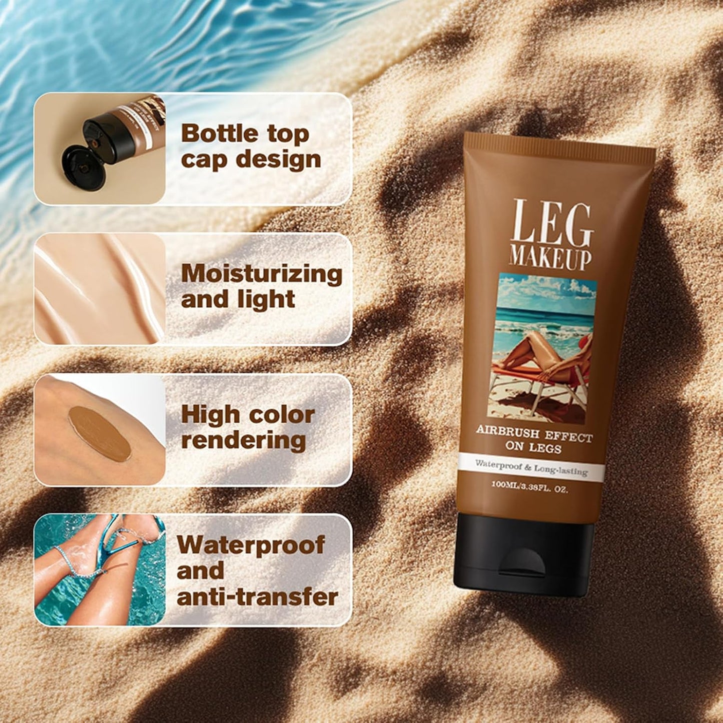 Waterproof Leg Makeup Cream, No Transfer Tattoo Cover Up&amp;Scar Concealer, Long Lasting Body Foundation for Flawless Skin, Leg Varicose Vein Cover Up, Suitable All Skin Tones（Light brown With Brush）