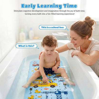 UNEEDE Baby Bath Mat Non Slip - 100x40cm Extra Long Kids Bathtub Mat with 200+ Suction Cups, Construction Vehicles Excavator Pattern, Soft Shower Mat for Toddlers &amp; Boys, Blue