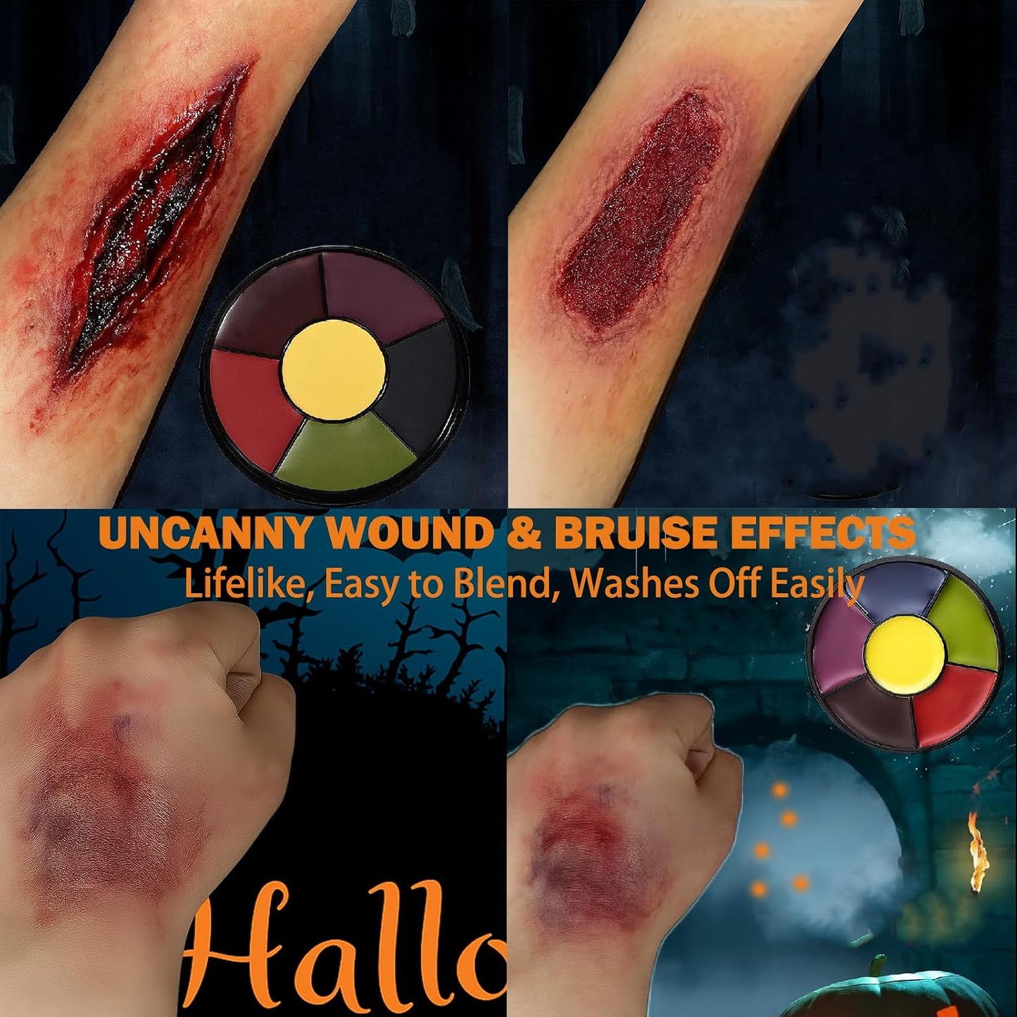 6 Color SFX Bruise Wheel – Professional Halloween Face Paint Kit, Non-Toxic Oil-Based Makeup with Fake Blood, Zombie &amp; Injury Special Effects Palette for Cosplay &amp; Festivals