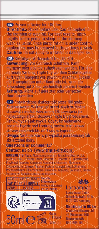 Triple Dry Men | Active Fragrance Anti-Perspirant Roll On 50ml | 100-Hour Protection Against Excessive Sweating | Fights Odour | Triple Active Formula | Clinically Proven | Male
