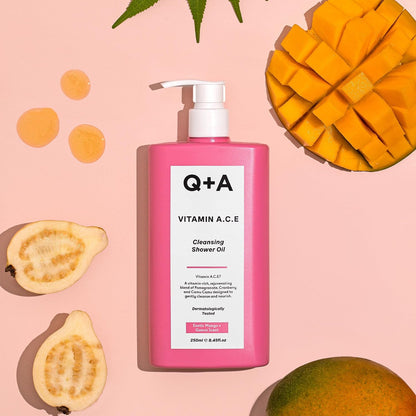 Q+A Vitamin A.C.E Cleansing Shower Oil (250ml), Cleansing Oil Shower Gel Alternative, Body Care, Hydrating Body Wash with Berry &amp; Sea Buckthorn Oils, Tropical Mango &amp; Guava Scent, Moisturises, Soothes