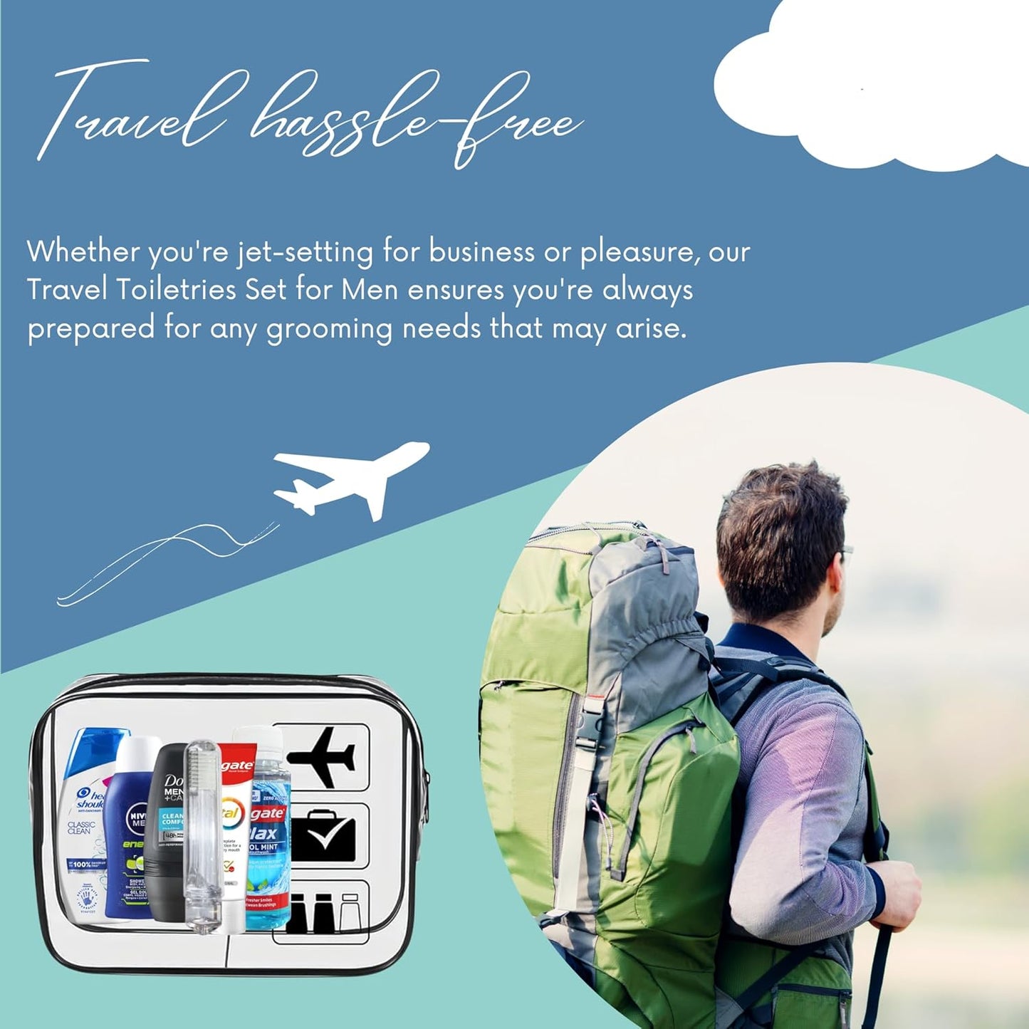 Men’s Travel Toiletries Set – Airport Approved Travel Size Toiletries Kit for Men, Overnight Essentials for Hospital, Camping &amp; Holidays, Clear Travel Bag