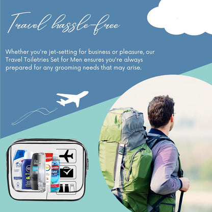 Men’s Travel Toiletries Set – Airport Approved Travel Size Toiletries Kit for Men, Overnight Essentials for Hospital, Camping &amp; Holidays, Clear Travel Bag