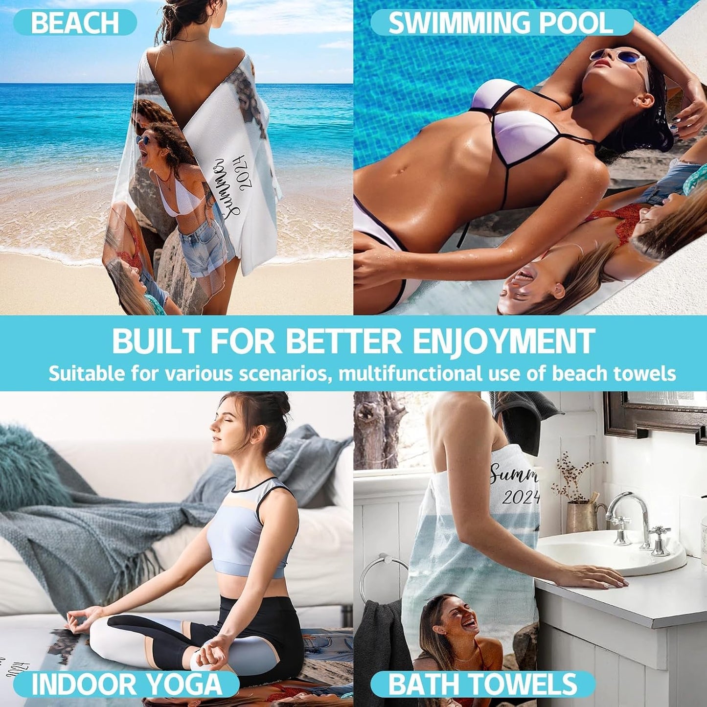 Personalised Beach Towel with Photo,Custom Beach Towels for Adults Kids,Microfibre Beach Towel with Pictures and Text,Quick Drying Towel for Fitness Swimming Camping Seaside(1 Photo)