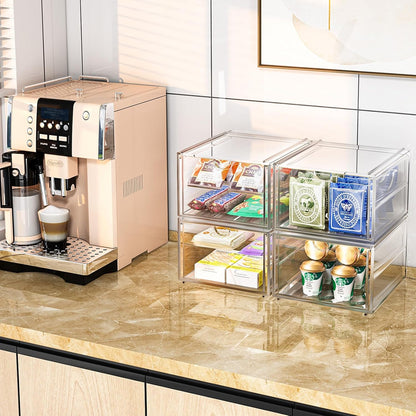 4 Pack Stackable Storage Drawers, Acrylic Cosmetic Drawer, Clear Desk Accessories, Latest Model Dustproof Drawer Storage for Dresser, Bathroom