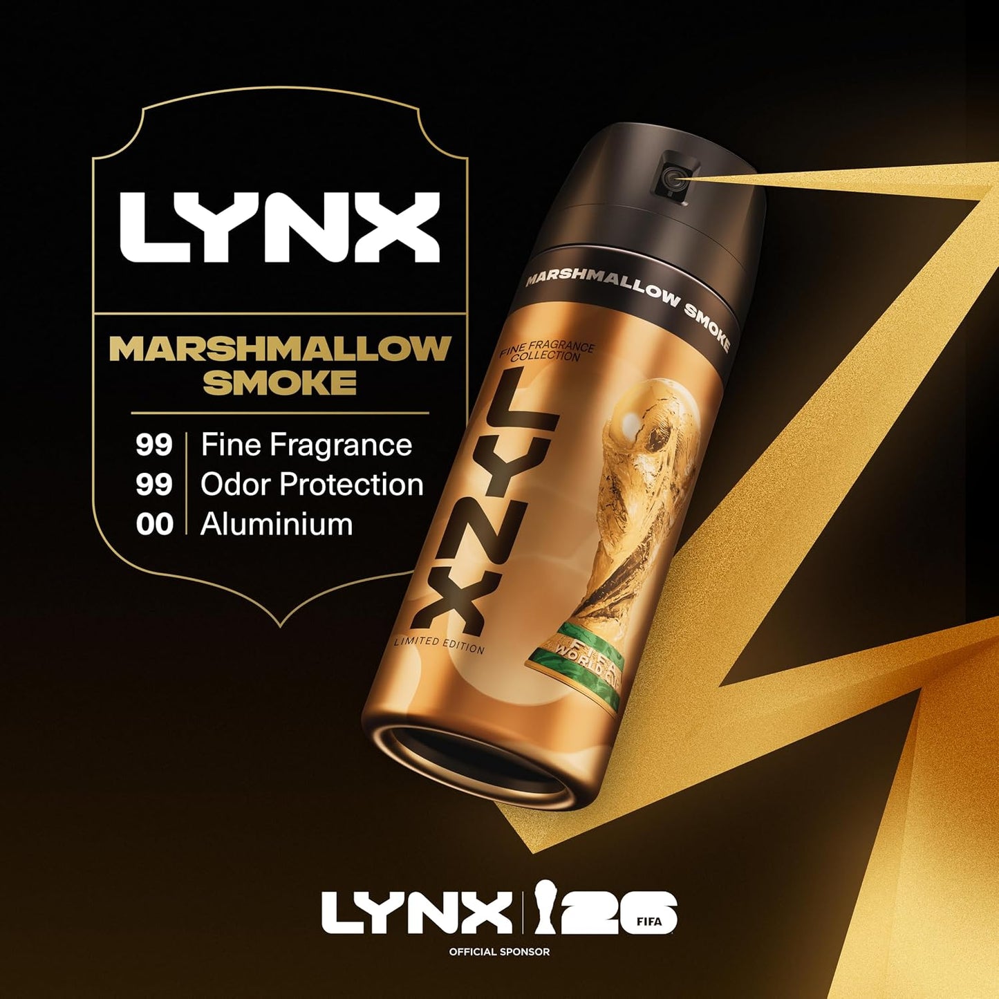 Lynx Limited-Edition FIFA Fine Fragrance Collection Marshmallow Smoke Premium Body Spray men's deodorant infused with a vanilla, hazelnut &amp; dark musk scent for 72 hours of freshness 150 ml