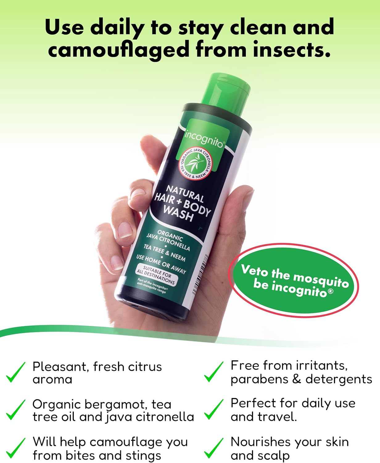 Incognito Java Citronella Hair &amp; Body Wash 200ml - Insect and Mosquito Repellent - Nourishes and Promotes Healthy Strong Hair and Skin - Reduces Dandruff &amp; Head Lice - Suitable For Both Men and Women
