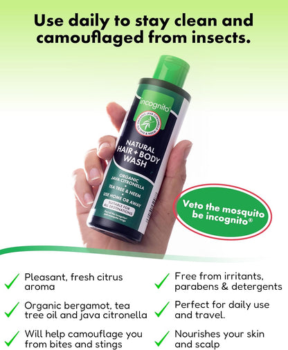 Incognito Java Citronella Hair &amp; Body Wash 200ml - Insect and Mosquito Repellent - Nourishes and Promotes Healthy Strong Hair and Skin - Reduces Dandruff &amp; Head Lice - Suitable For Both Men and Women
