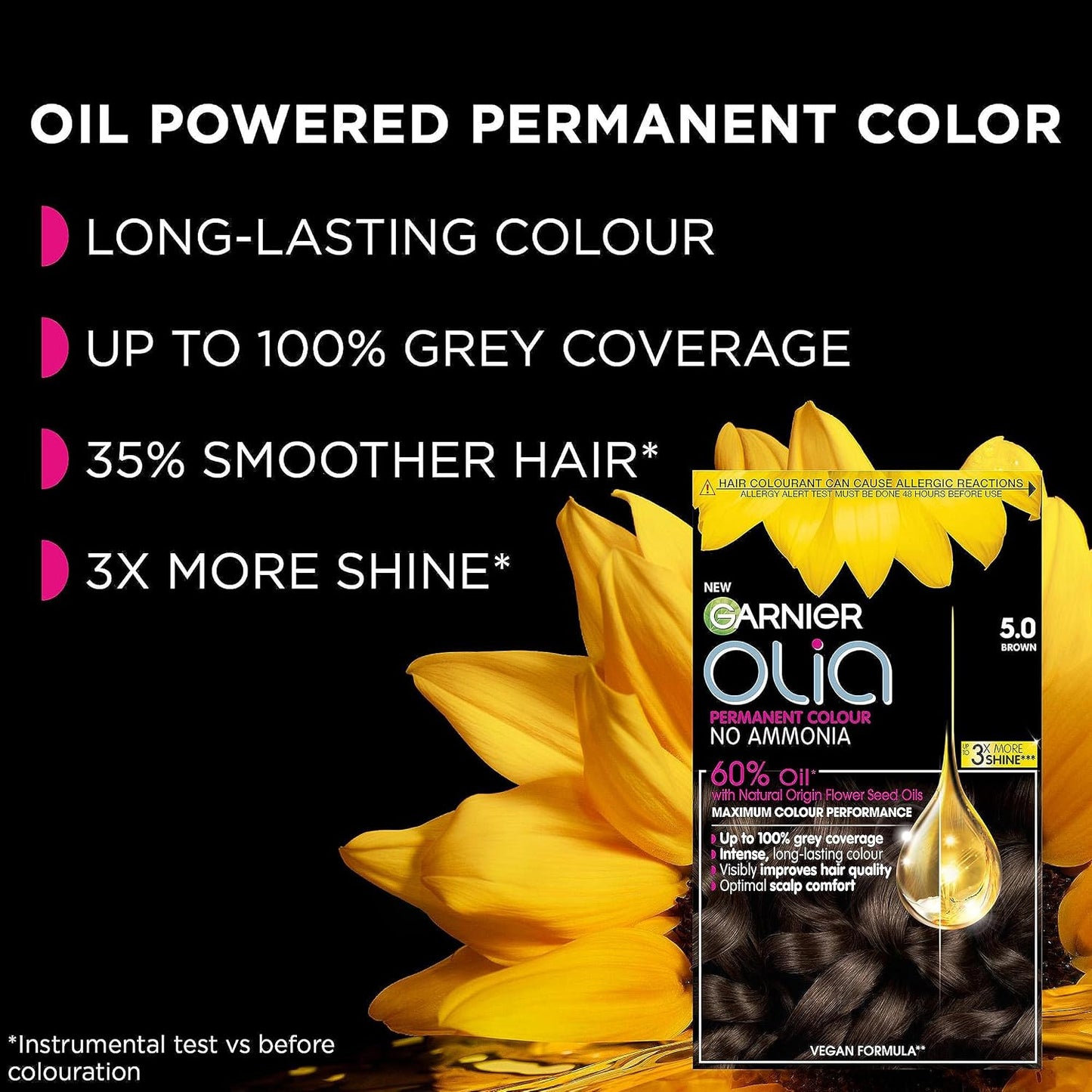 Garnier Olia 5.0 Brown, oil-powered, no-ammonia. 100% grey coverage. Luminous, long-lasting, vibrant brown hair color with exceptional shine and a healthy, nourished feel.