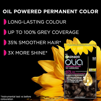 Garnier Olia 5.0 Brown, oil-powered, no-ammonia. 100% grey coverage. Luminous, long-lasting, vibrant brown hair color with exceptional shine and a healthy, nourished feel.