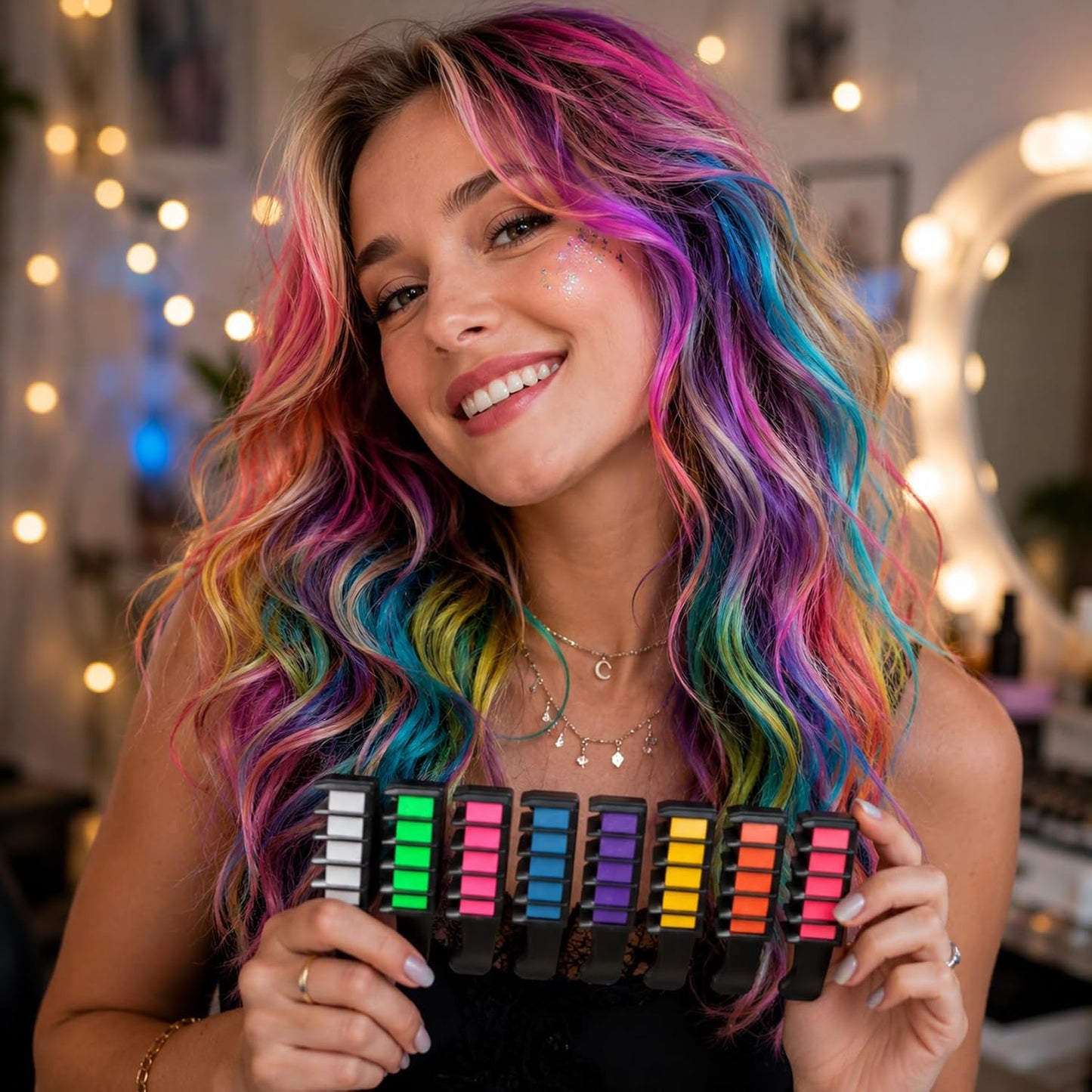 8PCS Rainbow Fun Washable Hair Chalk Comb Set - Easy-Glide Temporary Hair Colour for Layered Rainbow Streaks, Creative Festival Looks, Wash-Out Party Styling &amp; Colourful Weekend Fun