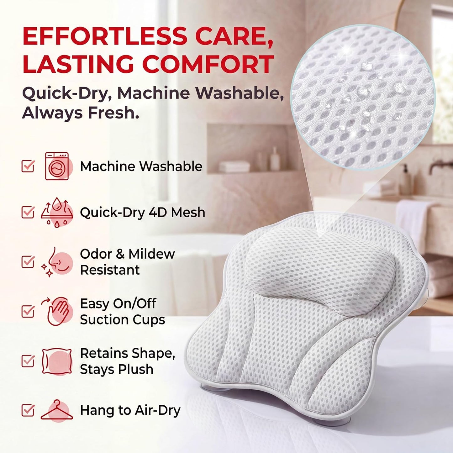 Bath Pillow LAVISMA Ergonomic Bathtub Cushion with 4D Breathable Mesh, Head, Neck, Shoulder &amp; Back Support, 6 Strong Suction Cups, Quick Dry Spa Pillow for Bathtub Jacuzzi Hot Tub - White