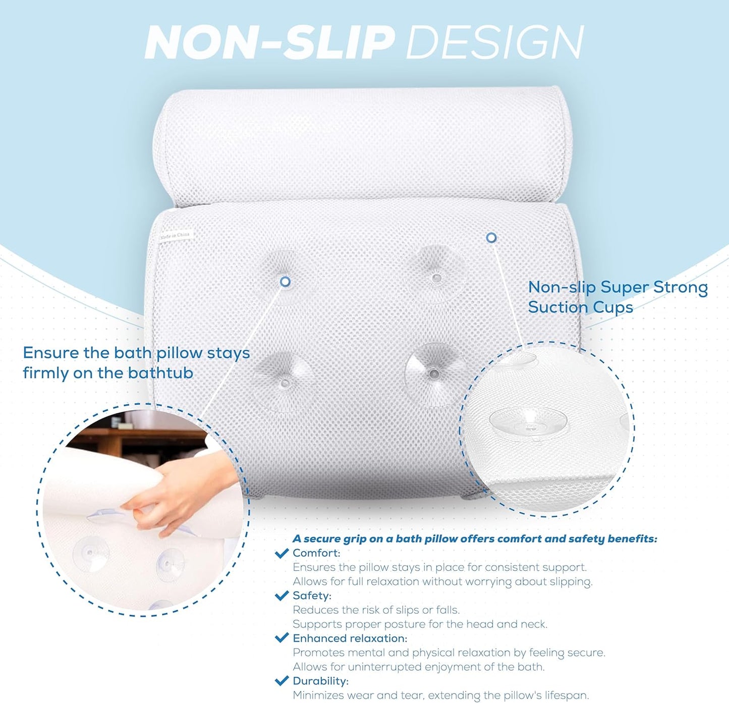 Luxury Bath Pillow Waterproof Air Mesh Bath Cushion With Suction Cups For Head And Neck | Ergonomic Bathtub Pillows Home Spa and Hot Tub Headrest | Bathing Accessories (Single)