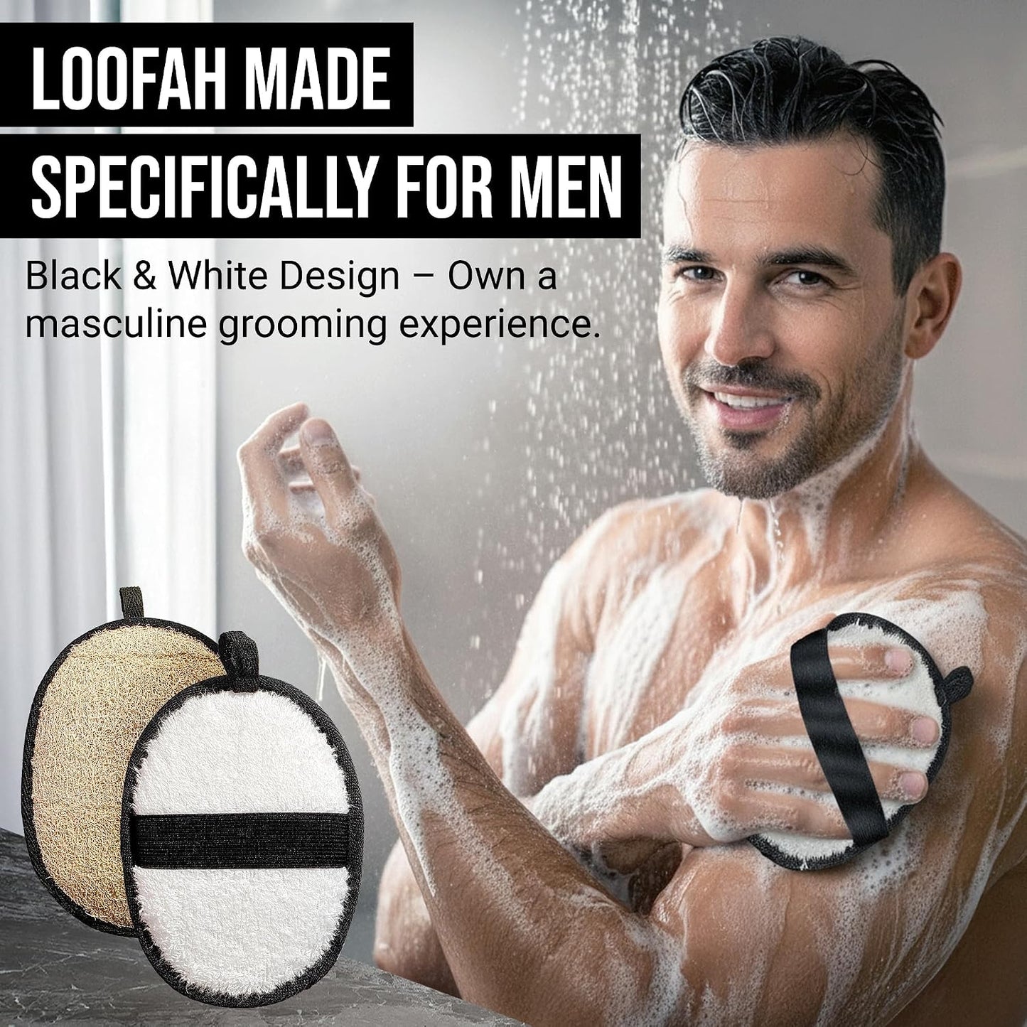 CraftsOfEgypt Men’s Loofah Body Scrubber - Egyptian Luffa Sponge Shower Pad for Male Hygiene Essentials, Dual-Sided Loofah Mitt and Body Wash Scrubber for Back, Chest and Bath - Black &amp; White, 2PCS